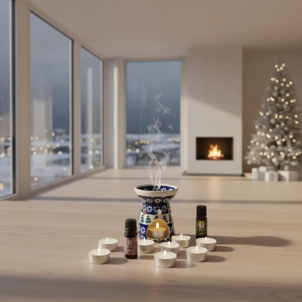 Kompletny Zestaw Ciepła Christmas hearth z 2 olejkami eterycznymi i 10 świeczkami typu Tealight znajdujący się na podłodzę w pięknym apartamentowcu podczas Świąt w tle znajduję się ubrana choinka, a pod nią prezenty 