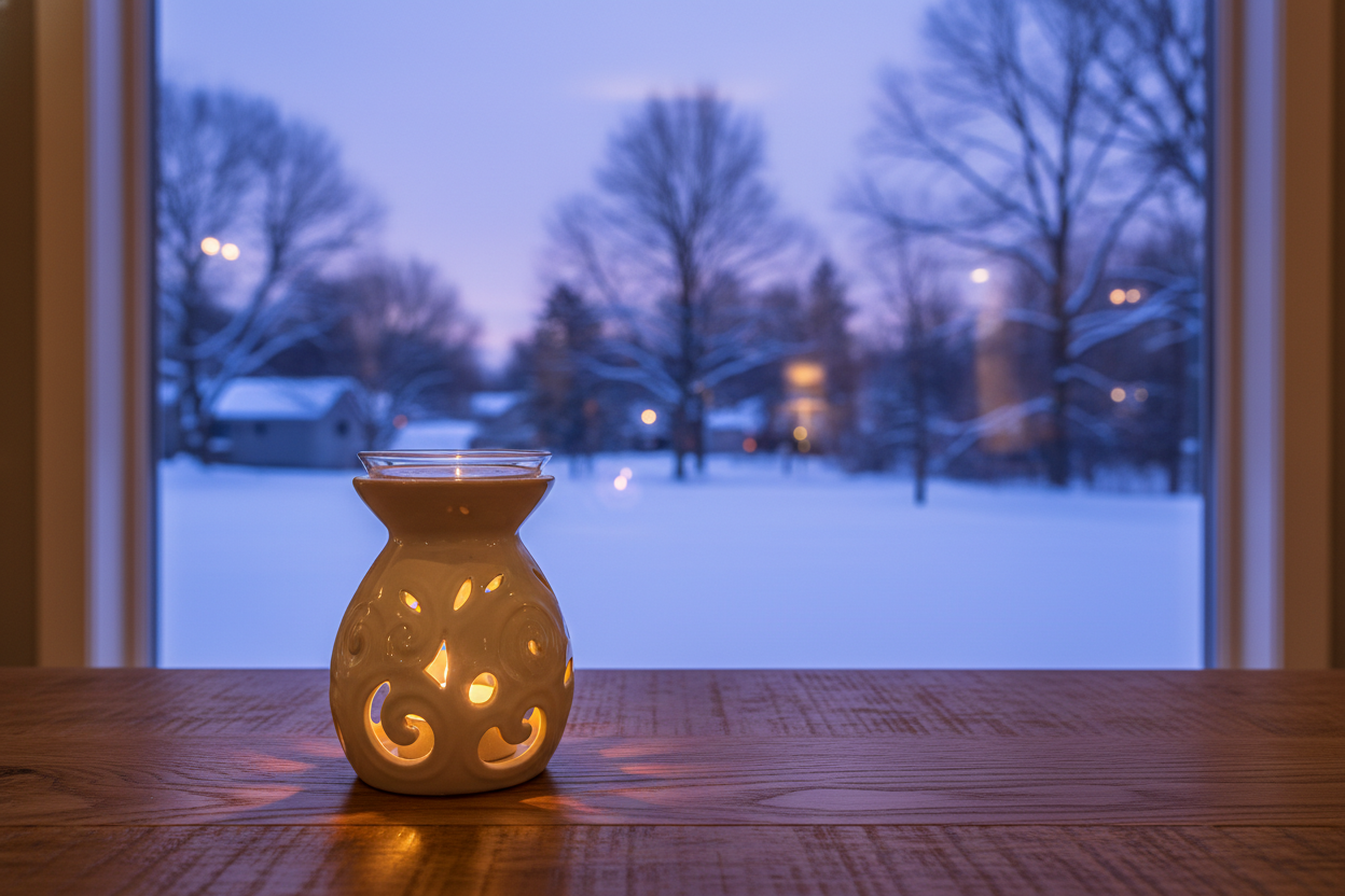 Przedstawiający kominek ceramiczny do olejków eterycznych na stole dębowym, a w tle duże okno z zimowym wieczorem 