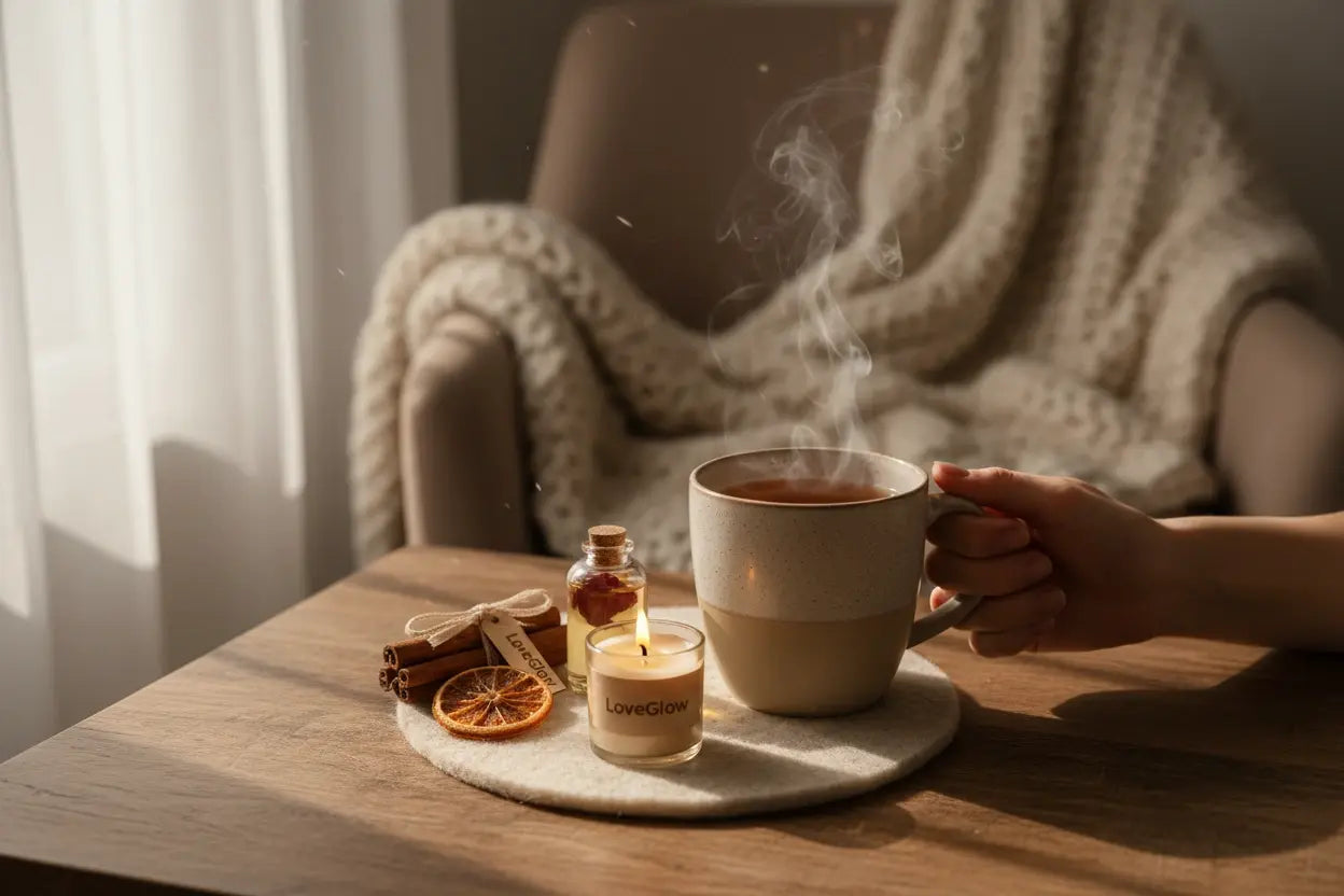 stylizowany kadr zestawu na tle koca drewnianego stołu pokazuje produkt o nazwie zestawciepła loveglow w użyciu na stole